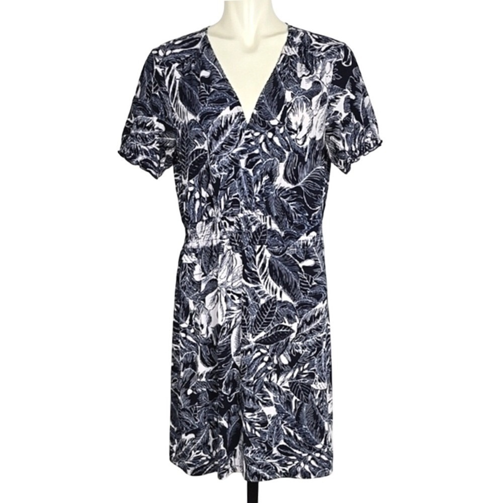 ENFOCUS Studio Women's Dress Short Sleeves Navy Cream Tropical Leaf Print Size 8